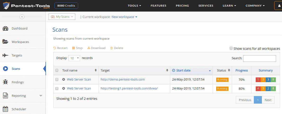 scans displayed in workspace